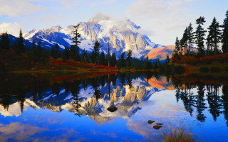 Mountain reflection lake trees rocks 3 - a mountain range free wallpaper