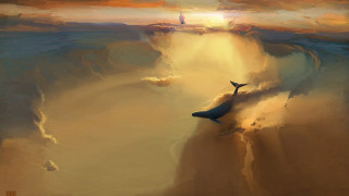 Whale ocean sunset bird fantasy - volumetric light free wallpaper