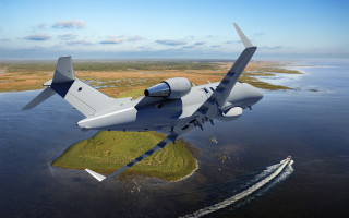 Large airplane island ocean boat - isometric view free wallpaper