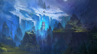 Castle mountain lake fantasy art - a lake below free wallpaper