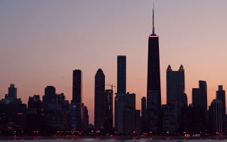 City skyline dusk tower water - chris ware free wallpaper