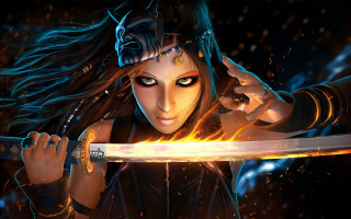 Demon fantasy woman fire sword - fire free wallpaper for desktop