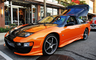 Car parked open road storefront - its hood open free wallpaper