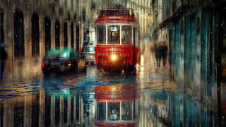 Red trolley cityscape night snow - a tall building free wallpaper