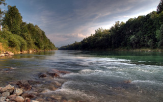River rocks water forest clouds - correggio free wallpaper