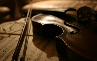 Violin music sheets glasses scissors - cinematic composition free wallpaper