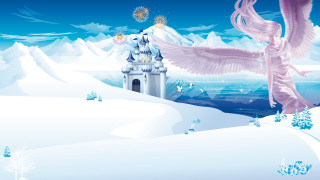 Pink bird snowy castle fantasy - over a snowy landscape free wallpaper