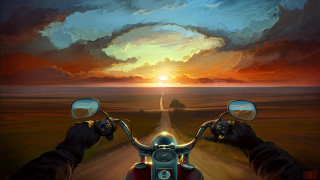 Motorcycle dirt road sunset psychedelic - the back of the motorcycle free wallpaper