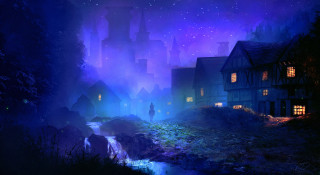 Alley night man fireflies moon - andreas rocha free wallpaper
