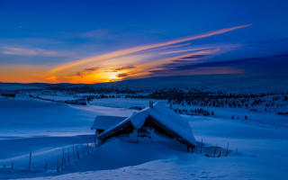 Snowy house sunset clouds matte - artur grottger free wallpaper