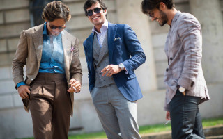 Three men suits laughing blue - the step of a building free wallpaper