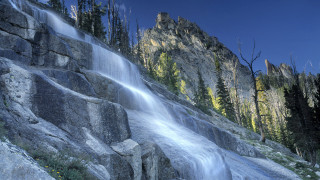 Waterfall rocky mountain trees lake - a rocky mountain free wallpaper
