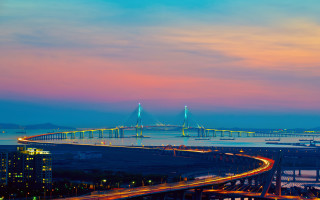 Bridge city lights night mountains - choi buk free wallpaper