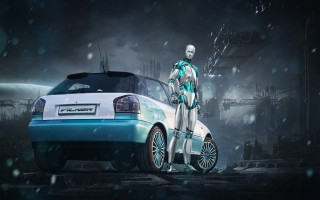 Snowy urban robot car man - a robot free wallpaper for desktop