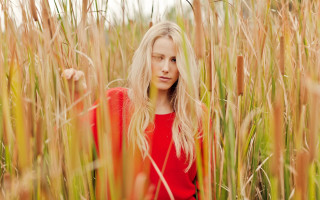 Woman red shirt tall grass - her hand behind her head free wallpaper for desktop