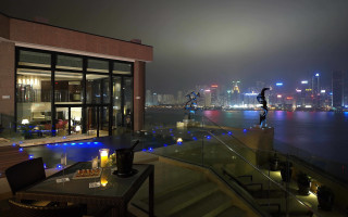 Cityscape glassrailing nightlights neon skyscraper - a glass free wallpaper