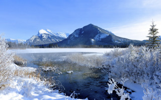 Snowy river mountains forest blue - covered free wallpaper