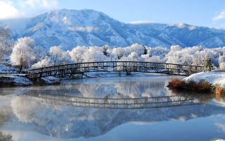 Bridge lake mountain snow trees 2 - a mountain in the background free wallpaper