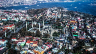 City trees water architecture fisheye - aerial free wallpaper
