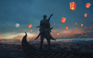 Man hill sword lanterns dusk - art greg rutkowski free wallpaper