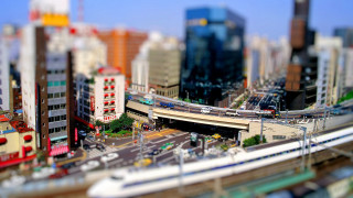 City train bridge cars bokeh - tilt shift free wallpaper for desktop