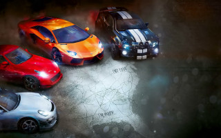 Sports cars night wet road - the headlight free wallpaper