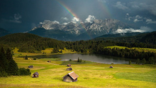 Rainbow mountain lake cabin mystical - a rainbow free wallpaper for desktop