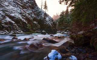 Snowy river forest rocks nature - river free wallpaper