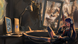 Woman computer headphones volcano background - headphone free wallpaper for desktop