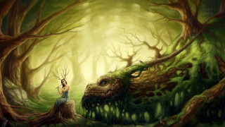 Woman dragon face forest stump - fantasy artwork free wallpaper