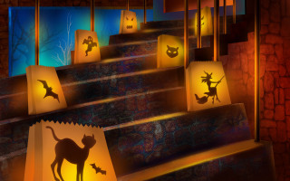 Cat halloween stairs pumpkin ghost - concept design art free wallpaper