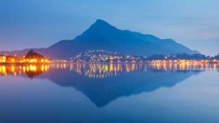 Mountain lake city bridge reflections - reflection free wallpaper for desktop