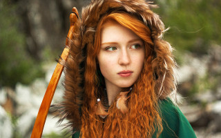 Woman redhair furhat greeneyes characterportrait - a wooden stick free wallpaper