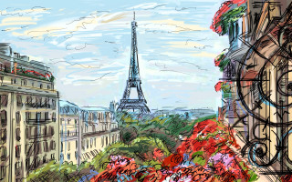 Eiffel tower flowers balcony impressionist - plein air free wallpaper