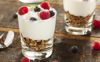 Yogurt berries granola wooden table - spoon free wallpaper