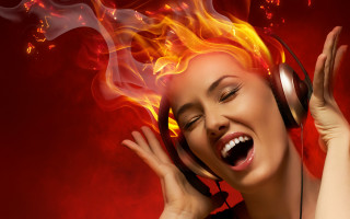 Fire haired woman laughing breathing - shock art free wallpaper