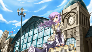 Purple haired girl outdoor clock - outside a building free wallpaper