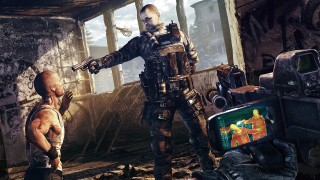 Futuristic suit man pointing ruined - another man free wallpaper