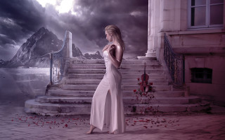 Woman white dress staircase mountain - free valentines wallpaper