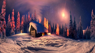 Cabin snowy forest night fullmoon - night free wallpaper