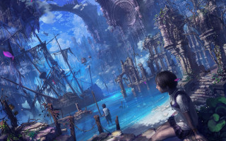 Girl ship dock fantasy matte - global free wallpaper