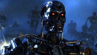 Robot glowing eyes dark room - a foggy sky free wallpaper for desktop