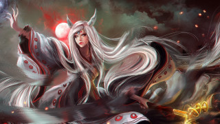 White haired woman sword red - a white dress holding free wallpaper