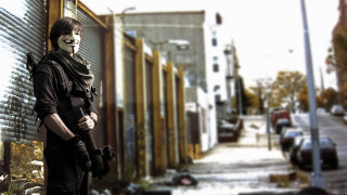 Masked man streetcorner apocalyptic weapon - door free wallpaper