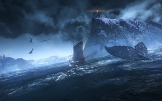 Ship ocean rock birds cinematic - alexander jansson free wallpaper