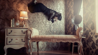 Upside down woman surreal room - down free wallpaper