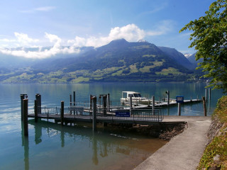 Lake mountains boat pier sky - heidelberg school free wallpaper