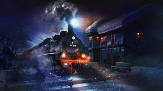 Train moon night cityscape snow - track next free wallpaper