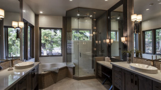 Bathroom large tub two sinks - warm lighting free wallpaper