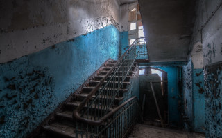 Ruined stairs blue walls peeling - paint free wallpaper